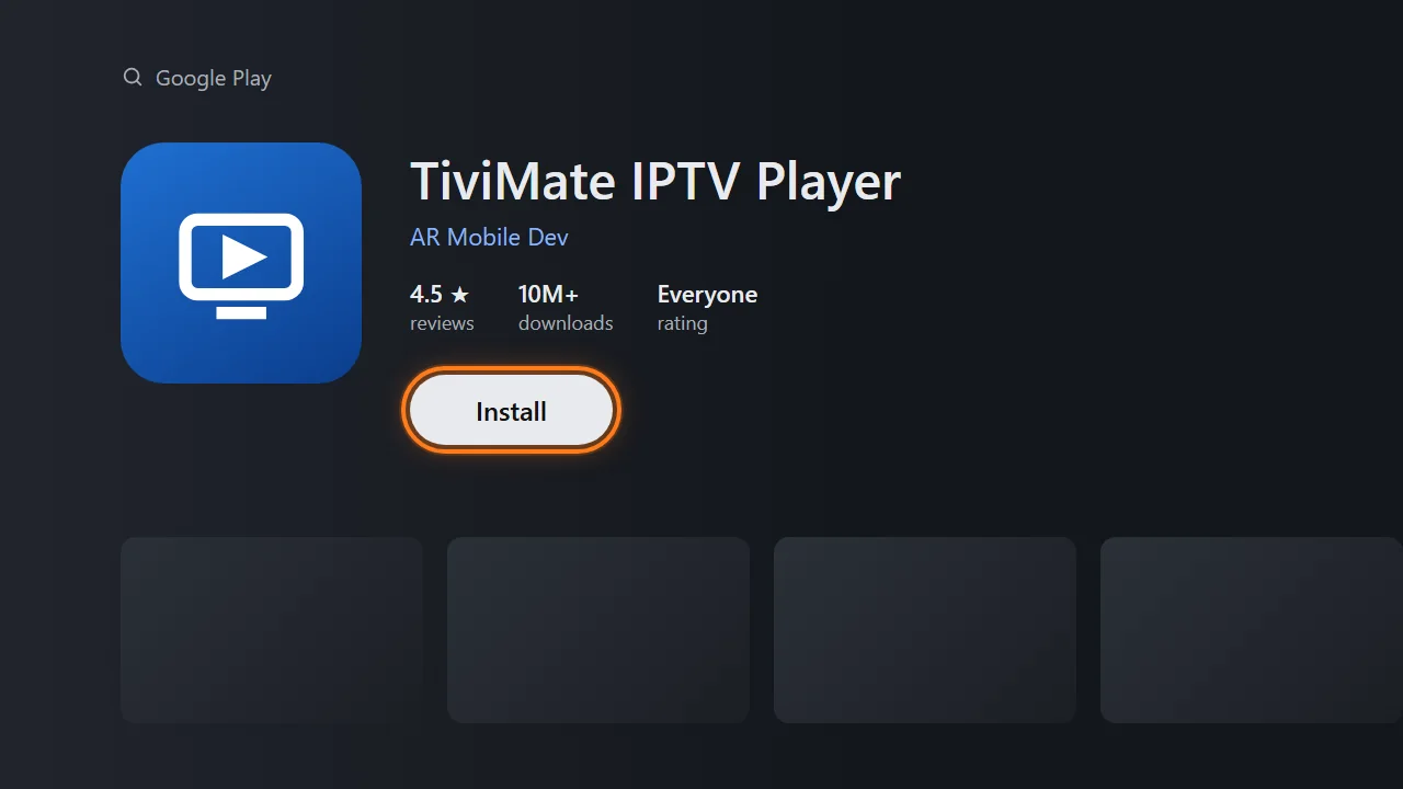 TiviMate setup on Android TV, step 1: Install TiviMate from Google Play