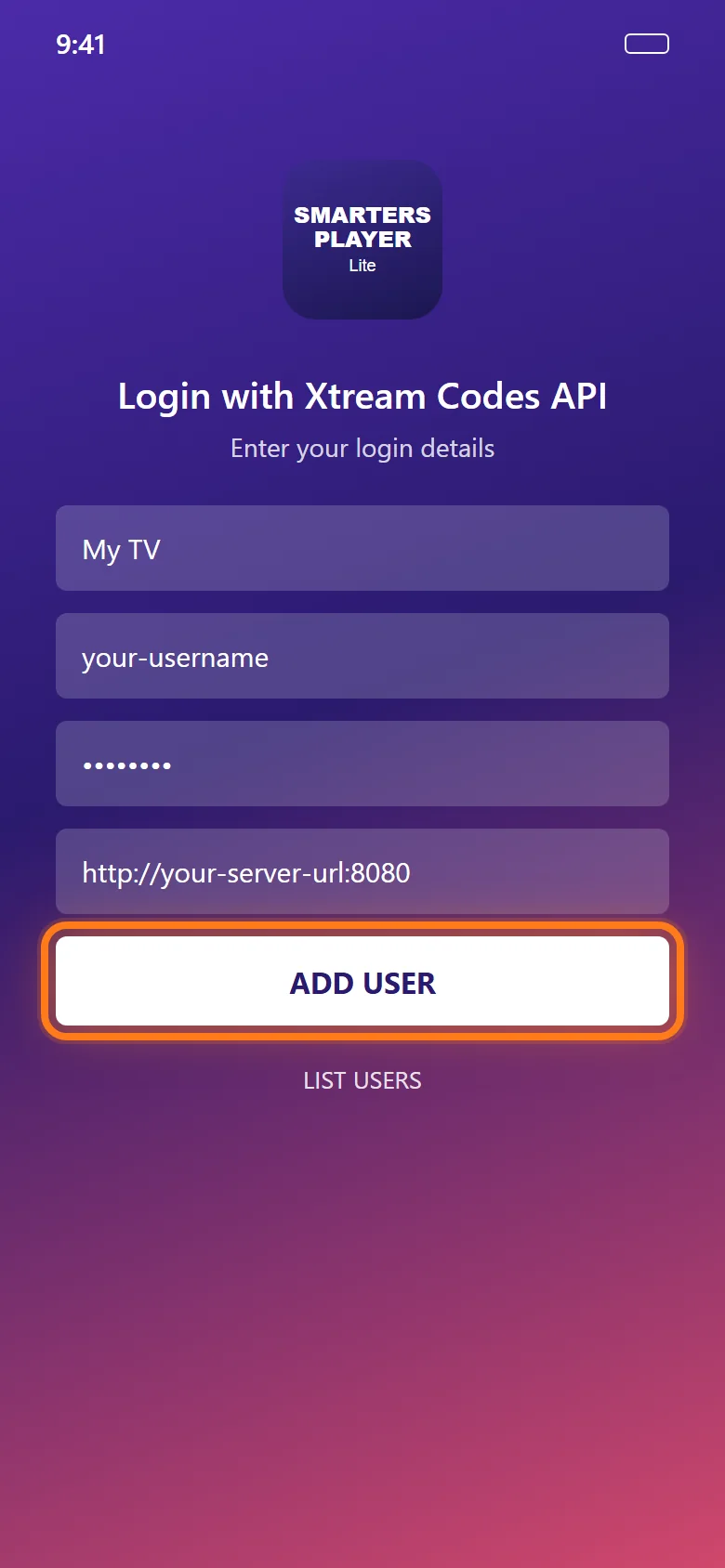 iPhone / iPad, step 2: Log in with Xtream codes
