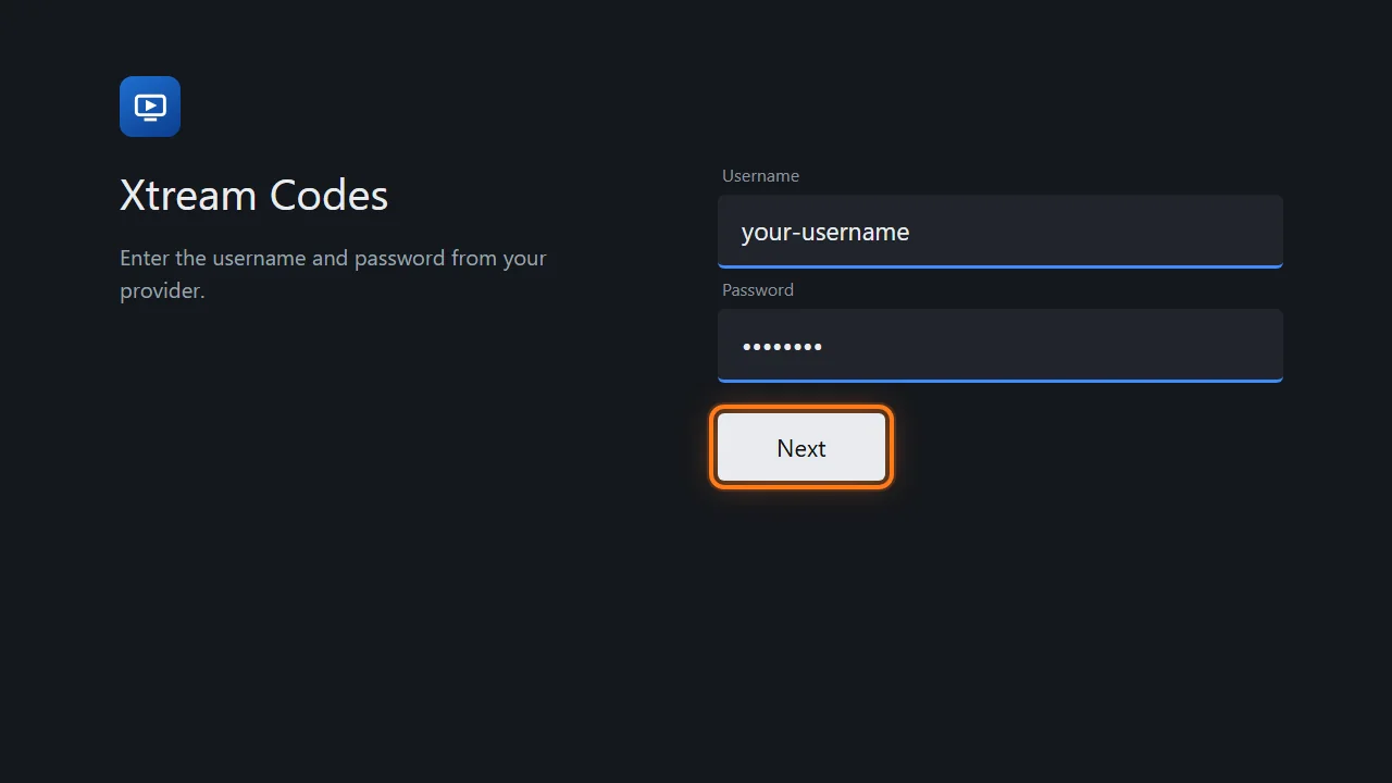 TiviMate setup on Fire TV Stick, step 6: Enter your username and password
