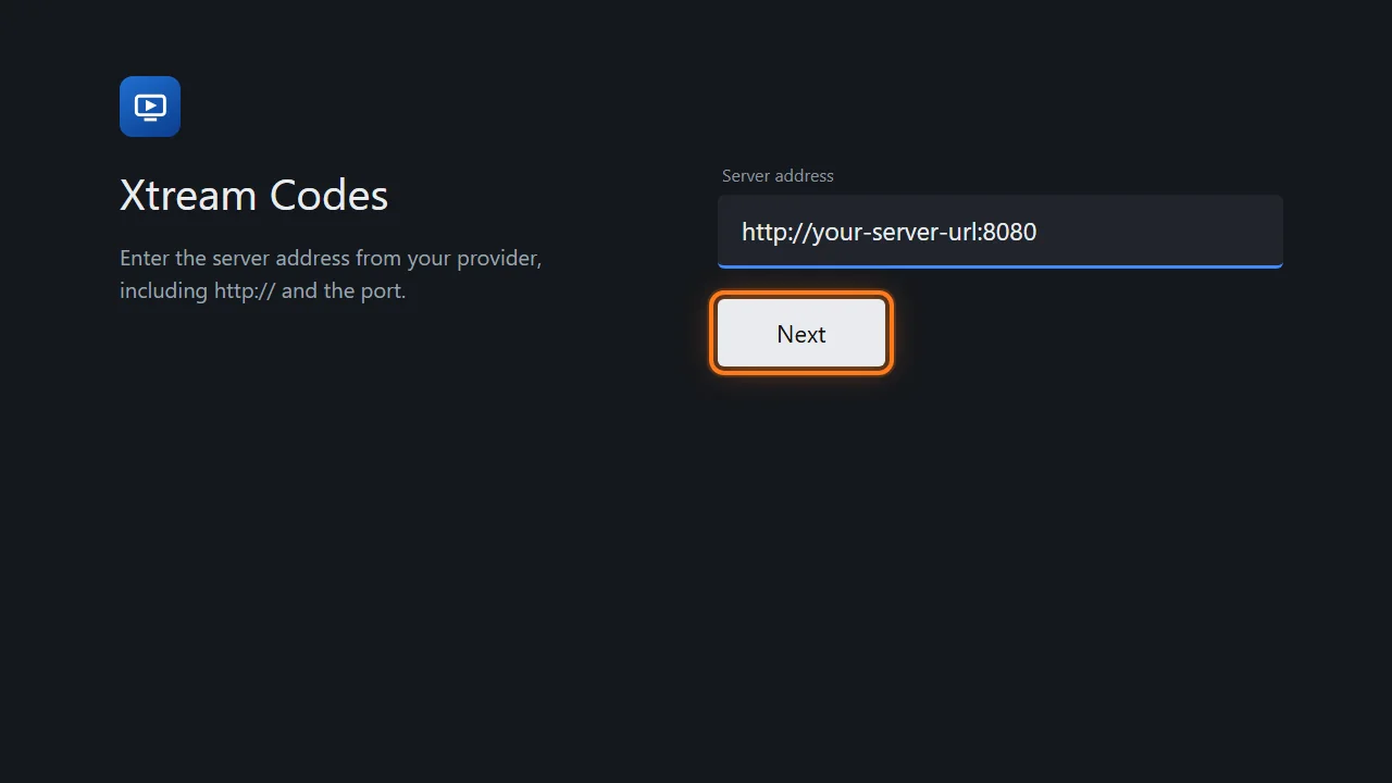 TiviMate setup on Fire TV Stick, step 5: Type the server address
